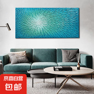 純手工肌理畫 | 現(xiàn)代簡約藝術油畫臥室玄關客廳餐廳背景裝飾畫 藍綠漸變色圓形軌跡-手繪油畫-橫版 60*120cm