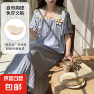 宮廷風睡衣女士夏季短袖仿棉帶胸墊睡裙中長款卡通休閑大碼家居服 Q91644【帶胸墊】 L 女