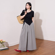 藍語(yǔ)松弛感天絲棉短袖T恤顯瘦格紋闊腿褲裙夏季透氣套裝 黑色T恤 現貨 XL 【建議120-140斤】