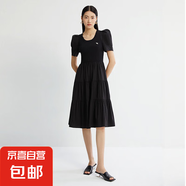 【伊芙麗制造商】紐扣設(shè)計(jì)立體褶皺短袖連衣裙女氣質(zhì)收腰顯瘦裙子 黑色 M