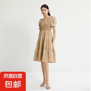 【伊芙麗制造商】紐扣設(shè)計(jì)立體褶皺短袖連衣裙女氣質(zhì)收腰顯瘦裙子 卡其色 XL