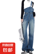牛仔背帶褲2025秋季新款美式復古單肩直筒闊腿褲小個子顯高拖地褲 藍色 2XL XXL