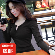 秋季紐扣螺紋純色長袖t恤女裝修身韓國新款上衣打底衫外穿潮 黑色 XL