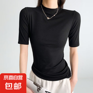 分袖小立領(lǐng)T恤女夏季薄款修身打底衫短袖內(nèi)搭顯瘦上衣中袖女 黑色 M 適合80-95斤
