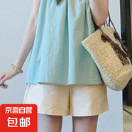 杏色棉麻短褲女夏季2025新款高腰外穿休閑闊腿中褲工裝運動五分褲 杏色 L 【建議100-115斤】