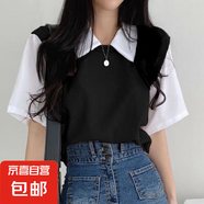 假兩件拼接條紋襯衫女2025夏季設計感小眾寬松顯瘦上衣潮 黑色 M