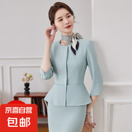 春秋季新款藍(lán)色七分袖小西裝外套女美容院珠寶店兩件套裝職業(yè)裝 綠色 單件西裝（JY6210） 3XL