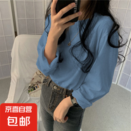 韓版多色學(xué)院風寬松T恤女春秋新款長袖內(nèi)搭圓領(lǐng)T打底衫潮 藍色 L