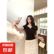 新中式國(guó)風(fēng)純欲氣質(zhì)針織衫女夏收腰短袖上衣 106黑色 M