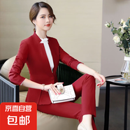 立領(lǐng)職業(yè)裝女套裝西裝春秋新款時尚氣質(zhì)女神范修身酒店經(jīng)理工作服 紅色外套+西褲 XL (建議108-118斤左右)