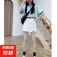 純棉洗水工裝五分褲女高腰闊腿寬松褲薄款中褲ins綠色加大碼短褲 白色【無腰帶】 3XL 【建議145-160斤】