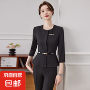 春秋季新款藍(lán)色七分袖小西裝外套女美容院珠寶店兩件套裝職業(yè)裝 黑色 單件西裝（JY6210） 3XL