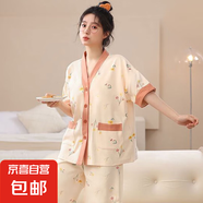 網紅ins風甜美睡衣女和服開衫短袖長褲精致少女風家居服可外穿套 DMH-223短長杏底花朵V領和服 M