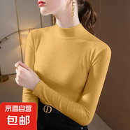 雙面德絨半高領保暖打底衫上衣秋冬修身內搭長袖t恤女 黃色 XL