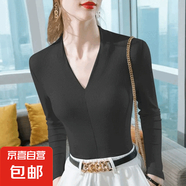 靜甜媛螺紋V領(lǐng)長(zhǎng)袖t恤女秋冬季修身內(nèi)搭時(shí)尚氣質(zhì)打底衫上衣服 黑色 2XL （039）