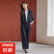灰色西裝外套女2025新款春秋高級感氣質(zhì)小個子短款西服套裝兩件套 黑色外套+C580#西褲 L