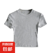 歐美ins短款上衣基礎(chǔ)款小圓領(lǐng)純色短袖T恤女夏螺紋緊身顯瘦打底衫 淺灰 XL
