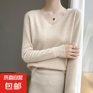 秋季套頭長袖V領羊毛衫氣質(zhì)洋氣內(nèi)搭打底衫純色羊毛上衣 淺米杏 L