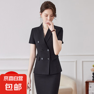夏季新款灰藍色短袖職業(yè)小西裝領外套女酒店前臺美容院珠寶店套裝 黑色 單件西裝（JY6509） XL