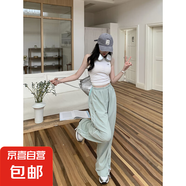ins風(fēng)夏季薄款美式復(fù)古拼接撞色闊腿寬松拖地休閑運(yùn)動(dòng)長(zhǎng)褲女潮流 綠色-錦鯉 B346 XL