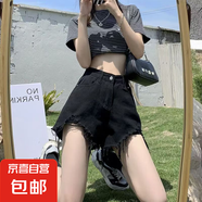 【潮流韓版】新款夏季女裝高腰牛仔短褲寬松顯瘦百搭毛邊a字褲 黑色牛仔短褲852 M 【90-105斤】
