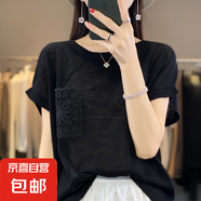 刺繡鉤花鏤空口袋短袖T恤薄夏季新款半袖針織衫時(shí)尚上衣/N332-X 經(jīng)典黑 2XL