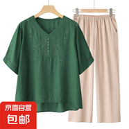 其他品牌【新款套裝】夏季女裝中年媽媽裝刺繡短袖T恤兩件套褲子上衣 墨綠色套裝 5XL