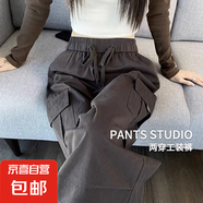 【酷颯】女裝新款夏季高腰休閑褲女寬松工裝褲小個子闊腿運動褲 灰色 M 建議90-105斤