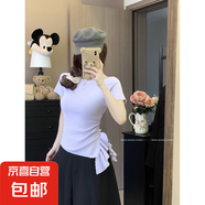 2025夏季新款不規則荷葉邊別致收腰顯瘦設計感短袖針織衫上衣女裝 64紫色 均碼