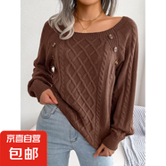 歐美風女裝春秋慵懶風寬松休閑方領釘扣麻花針織衫上衣毛衣打底衫 咖啡色 M