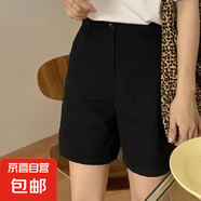 【純棉】女裝夏季大碼高腰休閑直筒闊腿褲短褲五分褲 黑色【無腰帶】 L 【建議100-115斤】