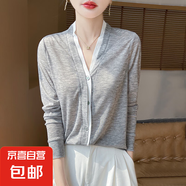 2025夏季新款細(xì)膩針織V領(lǐng)假兩件開衫女士薄款拼色防曬衫/RWM33-X 柔霧灰 2XL 135-150斤