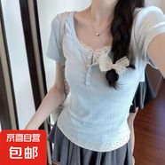 【美式純欲】新款碎花假兩件夏季辣妹風(fēng)顯瘦修身小眾短袖T恤 藍(lán)色 M 建議85-100斤