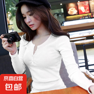 秋季紐扣螺紋純色長(zhǎng)袖t恤女裝修身韓國(guó)新款上衣打底衫外穿潮 白色 XL