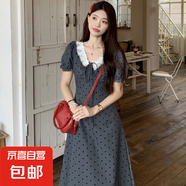 復古赫本風(fēng)波點(diǎn)連衣裙女夏季百搭V領(lǐng)抽繩氣質(zhì)花邊收腰連衣裙J970 灰色 XL （120-130斤）