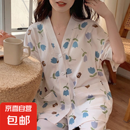 網紅ins風甜美睡衣女和服開衫短袖長褲精致少女風家居服可外穿套 D.M-157短長郁金小熊V領和服 2XL