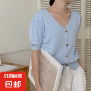 夏季復(fù)古法式針織女小開(kāi)衫上衣V領(lǐng)泡泡袖短款短袖冰絲高級(jí)感小眾 96蘭色 均碼