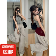 ins風(fēng)夏季薄款美式復(fù)古拼接撞色闊腿寬松拖地休閑運(yùn)動長褲女潮流 灰色-錦鯉 B346 2XL