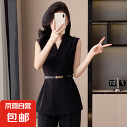 時(shí)尚休閑馬甲套裝女2025新款春夏高級感氣質(zhì)無袖西裝闊腿褲兩件套 單件黑色馬甲（沒腰帶） XL