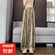 【寬松修身】闊腿褲女夏2025新款條紋花褲子松緊腰垂順休閑褲子 卡綠色 XL