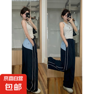 ins風(fēng)夏季薄款美式復(fù)古拼接撞色闊腿寬松拖地休閑運(yùn)動長褲女潮流 藍(lán)色-錦鯉 B346 XL