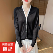2025夏季新款細(xì)膩針織V領(lǐng)假兩件開衫女士薄款拼色防曬衫/RWM33-X 曜石黑 2XL 135-150斤
