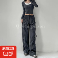 設計感黑色美式蝴蝶結工裝褲女款夏季大碼胖mm顯瘦闊腿休閑褲子潮 深灰色 M 【90-105斤】