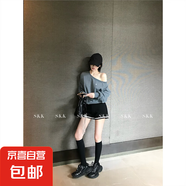 【露思同款】斜肩露肩小標(biāo)寬松套頭衛(wèi)衣長袖慵懶松弛感上衣女夏春 深花灰色上衣 現(xiàn)貨 L