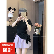 2025夏季新款不規(guī)則荷葉邊別致收腰顯瘦設(shè)計感短袖針織衫上衣女裝 64黑色 均碼