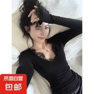 黑色蕾絲V領(lǐng)內(nèi)搭打底衫女早春季2025新款爆款T恤純欲修身顯瘦上衣 黑色 M