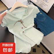 韓系氣質(zhì)蝴蝶結(jié)綁帶翻領(lǐng)短袖T恤女夏季設(shè)計感修身顯瘦短款上衣潮 163綠色 均碼