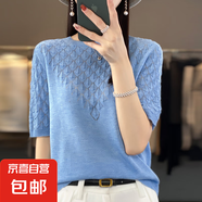 25新款夏季圓領(lǐng)鏤空短袖冰絲針織衫透氣寬松顯瘦百搭上衣 藍(lán)色 S （95斤以內(nèi)）