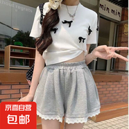 蕾絲花邊灰色休閑褲女夏季百搭顯瘦松緊腰寬松闊腿褲小眾外穿短褲 灰色 L