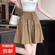 【新款】女裝夏季薄款高腰顯瘦慵懶風(fēng)闊腿褲系帶短褲小個(gè)子五分褲 卡其色 M （80-100斤）